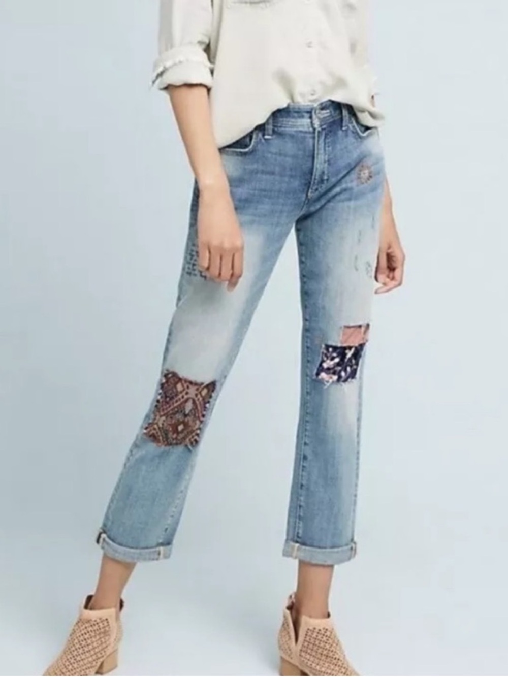 Anthropologie Pilcro Slim Boyfriend Jeans Boho Patch Embroidered Size 27
